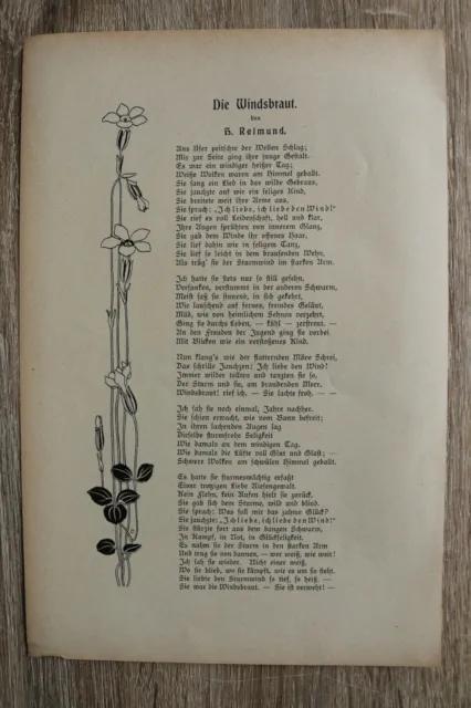 1 Blatt 1900/01 Gedicht DIE WINDSBRAUT von H. Reimund Jugendstil Blumen Kunst