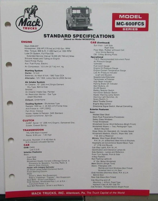 1985 MACK TRUCKS Model MC 600FCS Diagrams Dimensions Sales Brochure ...