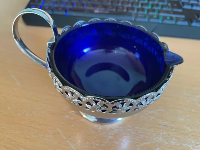 Celtic Quality Silver Plate with handle Blue Glass Bowl Marked