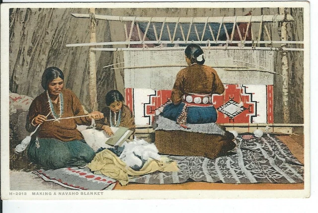 CH-008 Making Navajo Blanket, White border Era Postcard Phostint Detroit Publ Co