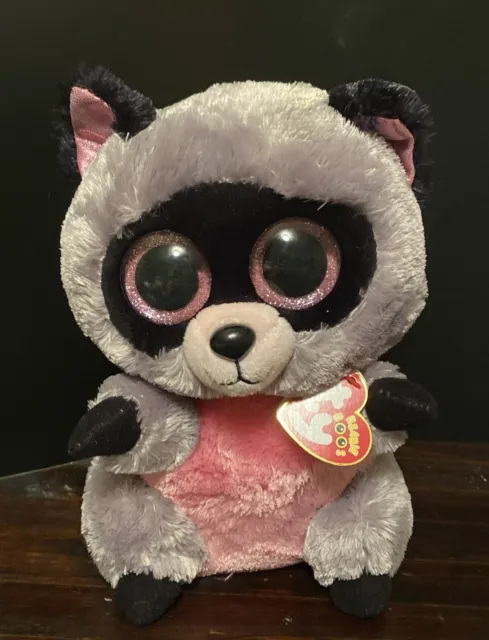 Ty Beanie Boos 9" Rocco Raccoon Pink Glitter Big Eyes Striped Tail with Tags