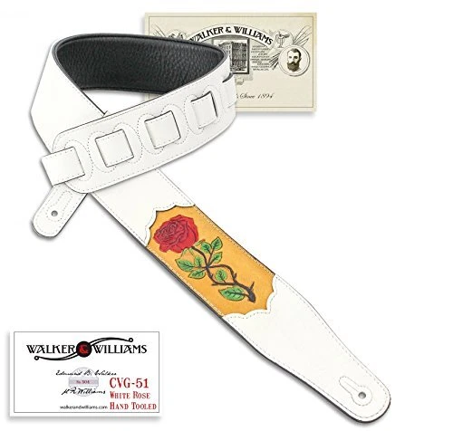 CVG-51 White Leather Strap Hand Tooled Leather Red Rose Design For Acoustic E...