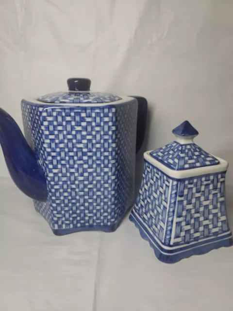 Blue And White Basket Weave Teapot And Sugar Bowl Hand Painted Ceramic Teaset