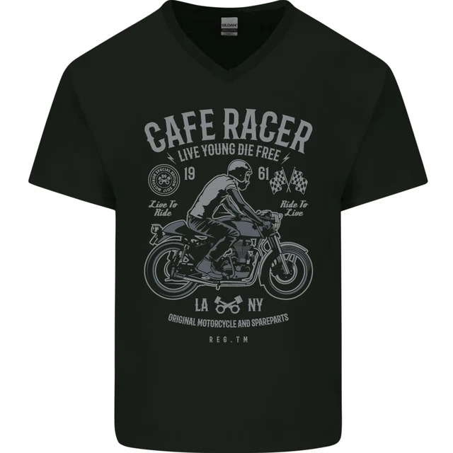 T-shirt da uomo in cotone scollo a V Cafe Racer Live Young Biker