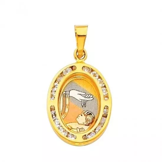 14K Solid Gold "Baptism" Bautizo CZ Religious Oval Charm Pendant, 20MM