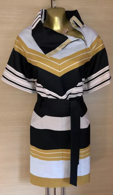 Exquisite Karen Millen Stripe Zip Neck Belted Day Dress UK14 Stunning