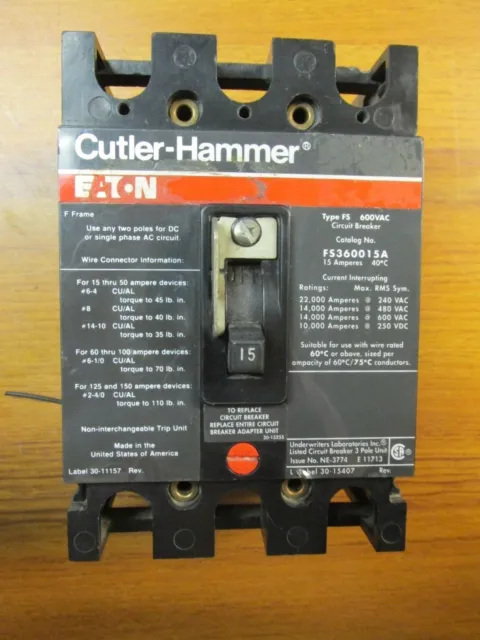 Cutler-Hammer Eaton 15A, 3P, 600V  Breaker FS360015A W/ SHUNT TRIP...     C-36A