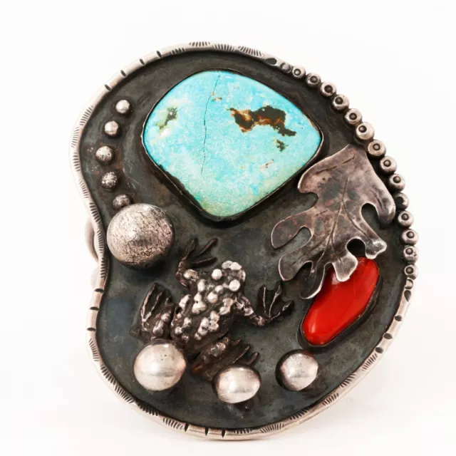 Huge Native Sterling Turquoise Coral Leaf Mushroom Frog Cuff Bracelet 6.5"