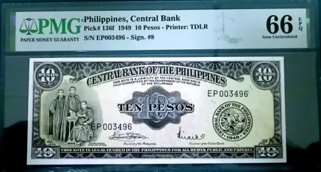 PMG 66EPQ-Philippines 1949 10 Pesos 'EP003496' GEM UNC Scarce