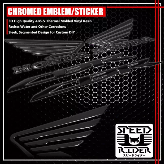 2 X 3D Wing Decal Sticker+Logo Fairing/Fender Emblem For Cbr 600/900/1000 Black