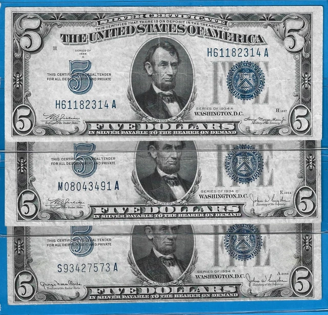 1934A/C/ D $5 Silver Certificate,3) Notes,Blue Seal,Circ VF,Nice!