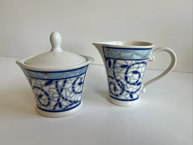 Pfaltzgraff Monaco Collection Blue and White Mosaic Sugar Bowl and Creamer Set
