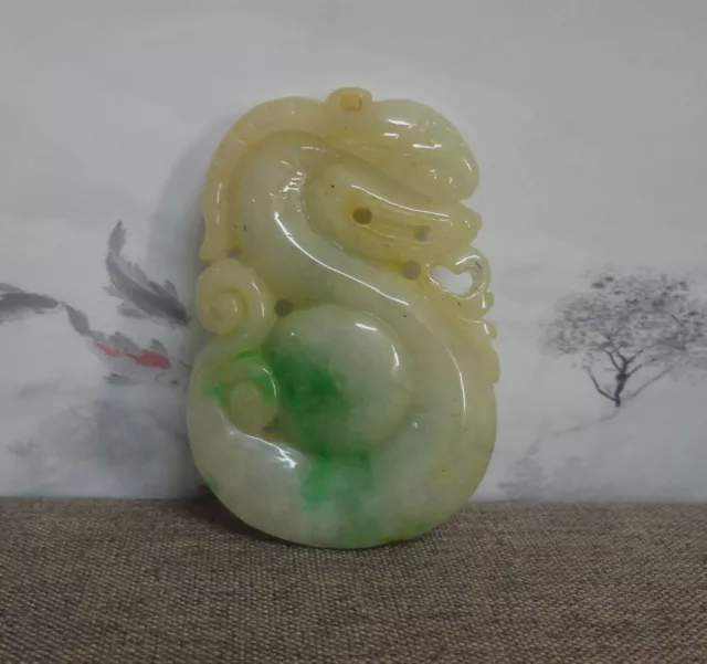 Excellent Old Chinese Hand Carving Dragon Green and White Jadeite Pendant
