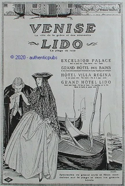 Venise Advertisement Lido Hotel Beach Carnaval Gondola 1925 Gobbi Sign Ad Pub