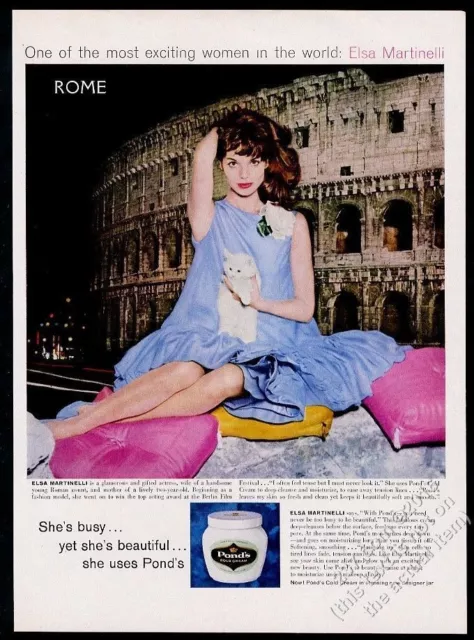 1960 white cat kitten  Elsa Martinelli photo Pond's Cold Cream vintage print ad