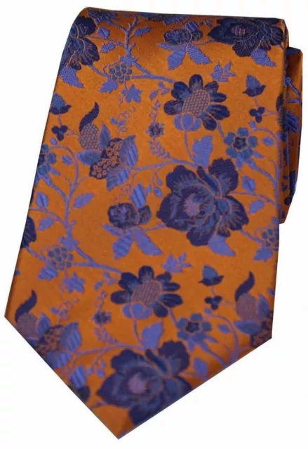 David Van Hagen Mens Floral Patterned Silk Tie - Orange/Blue