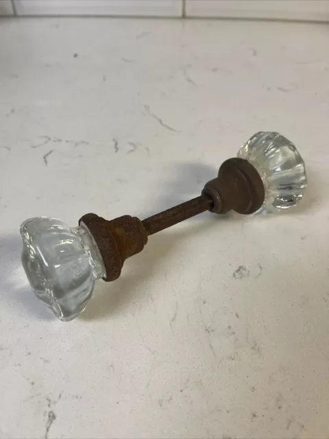Vintage 12 Point Crystal Clear Glass Door Knobs W/Spindle Rusty , Patina Finish