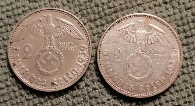 Allemagne 2 Reichmark 1939 D Et 1938 A Paul Von Hindenburg WWII Argent / silver