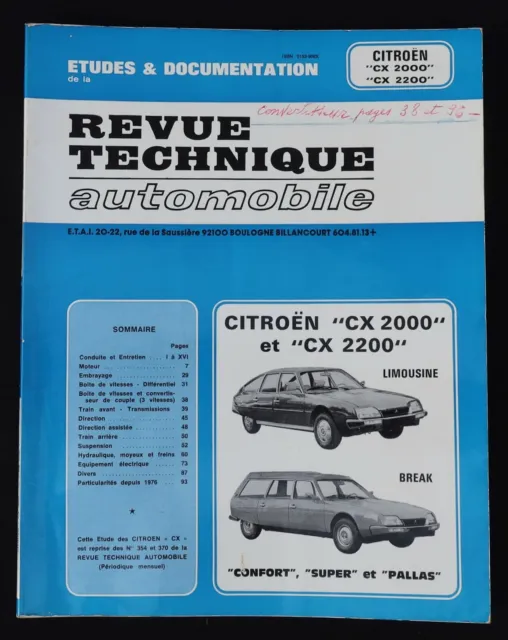 REVUE TECHNIQUE AUTOMOBILE RTA Citroën CX 2200 2000 Limousine Break Pallas