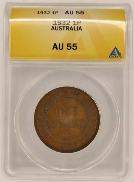 1932 Australia 1Penny AU55 ANACS Rare Large Cent 1p Bronze Rare Coin George V 2B