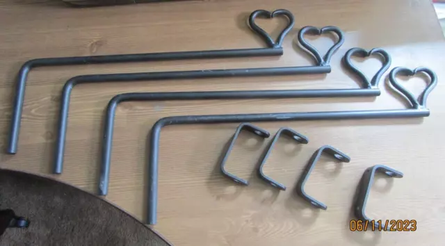 Black Cast Iron Swinging Curtain Rods 2 Pair 12 inch. Heart ends