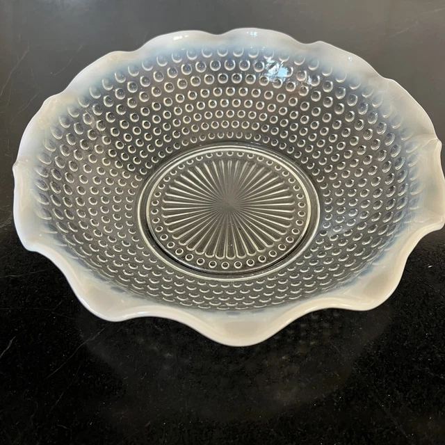 Vintage Anchor Hocking Glass Moonstone Hobnail Crimped Serving Bowl 9 1/2"