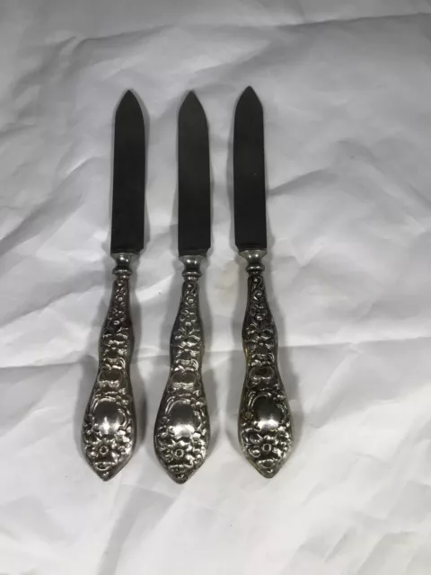Antique Victorian Sterling Silver Repousse Lot Of 3 Knives
