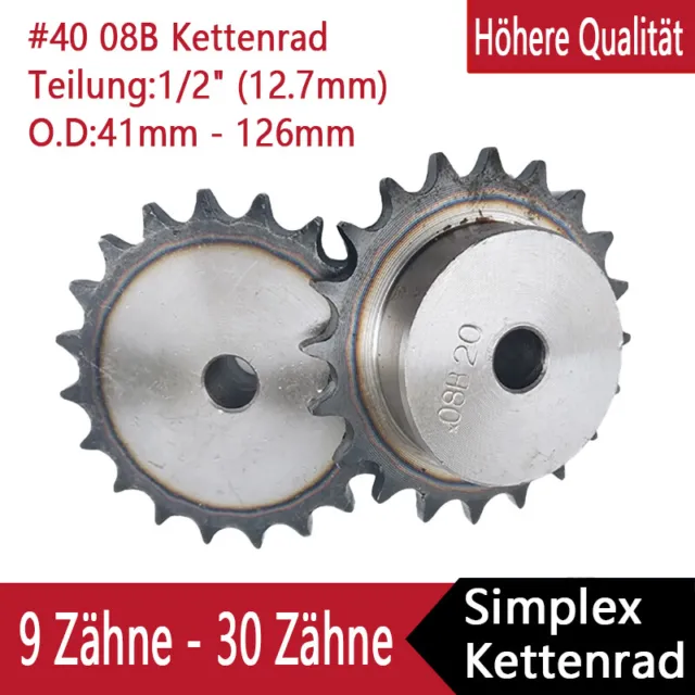 08B #40 Kettenräder mit Nabe Kettenrad 9 - 30 Zähne Teilung 1/2" (12.7mm) Ritzel