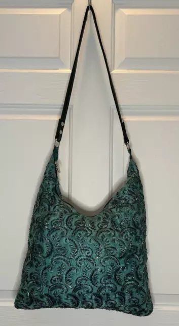 Green Beaded Embroidered Paisley Evening Bag Interchangeable Straps