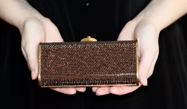 Judith Leiber Swarovski Crystal Full Bead Sleek Ab Bronze Gold Minaudiere Clutch