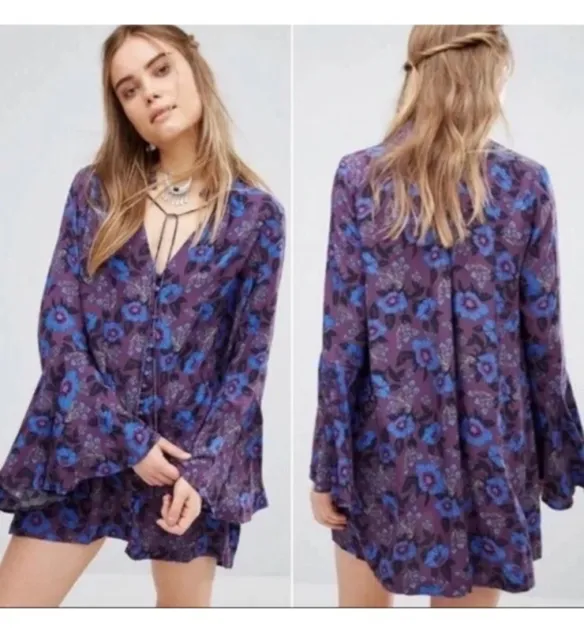 Free People Magic Mystery Tunic Floral Bell Sleeve Purple Blue Size SMALL