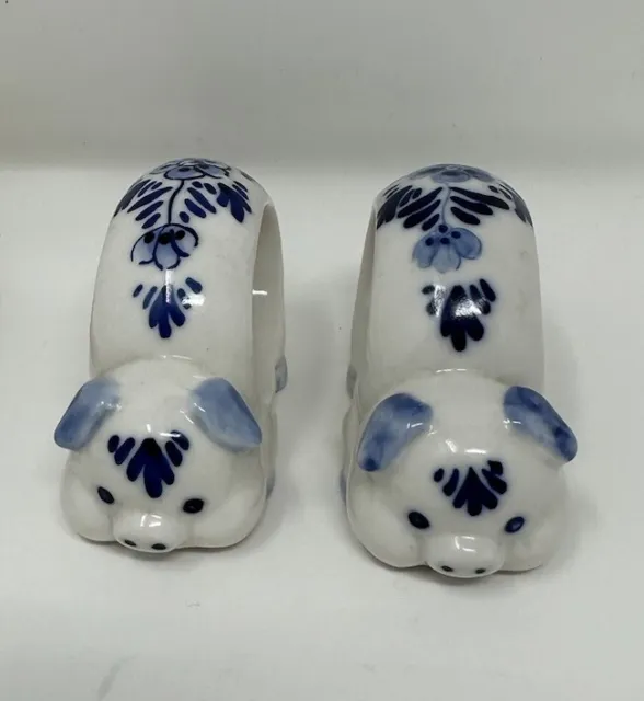 Vintage Hand Painted Delft Pig Napkin Rings