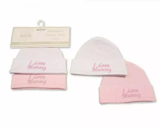 2 Newborn Baby Girl Hats  ~ I Love Mummy ~ White Pink Beanie 100% Cotton