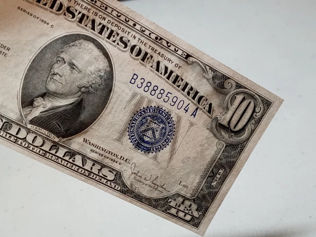 "888" Better Grade 1934 C $10 Ten Dollar Silver Certificate Note Blue Seal, A80 7