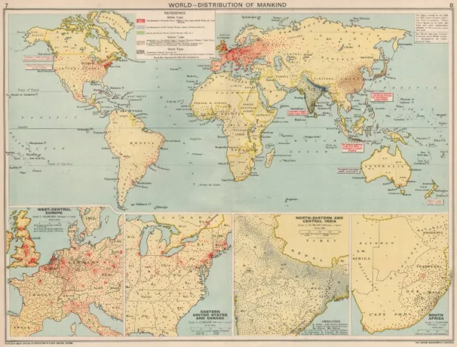 World Distribution of Mankind. Population. Ethnicity Racial 1925 old map