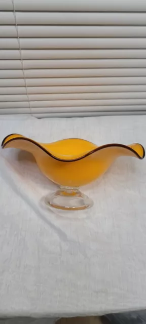 Mid Century Hand Blown Art Glass Orange Clear Pedestal COMPOTE BOWL