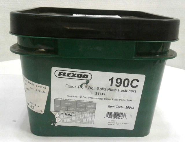 Flexco 190C Quick-Fit Bolt Solid Plate Fasteners Steel 100 Sets Preassembled