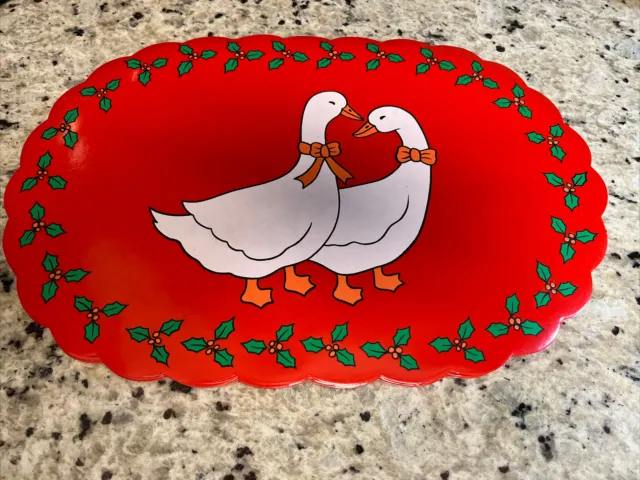 Vintage Set Of 14 Vinyl Placemat Green Red Holly Geese Christmas; 2 Diff Designs