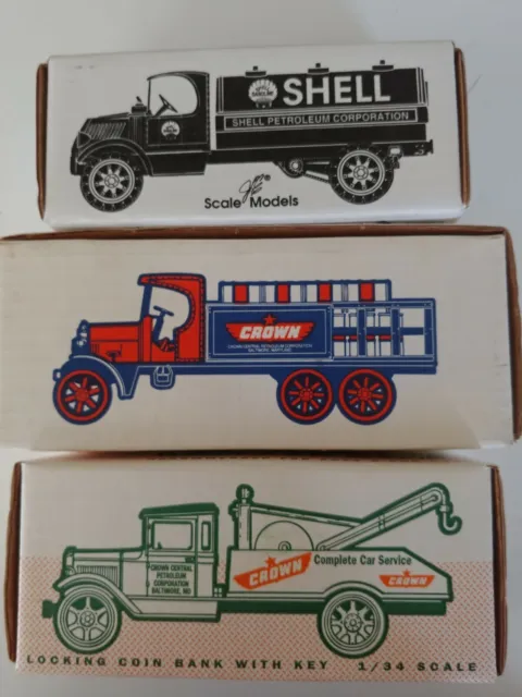 Lot of 3 diecast banks Crown, hawkeye 1931, 1935 shell tanker; 1925 stake  (E)