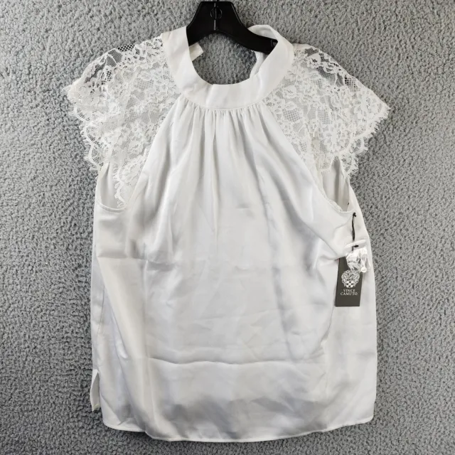 VINCE CAMUTO Lace Cap Sleeve Blouse Women's Med White Mock Neck Button Back