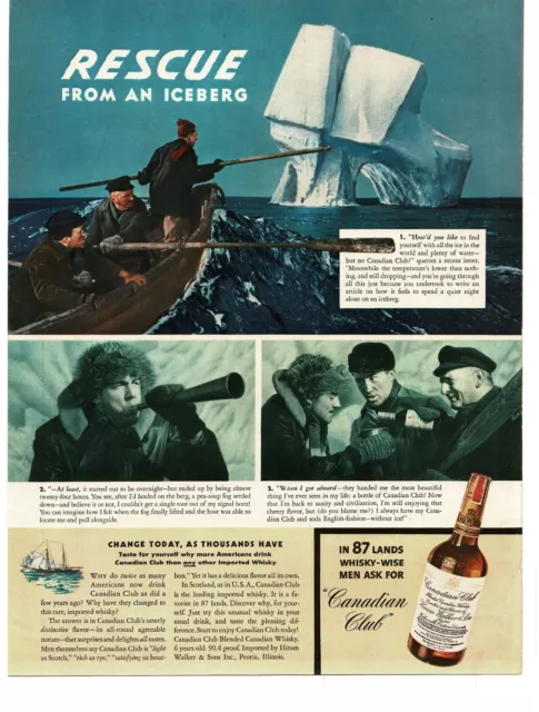1941 Canadian Club Whiskey Ocean Boat Iceberg Rough Seas Vintage Print Ad