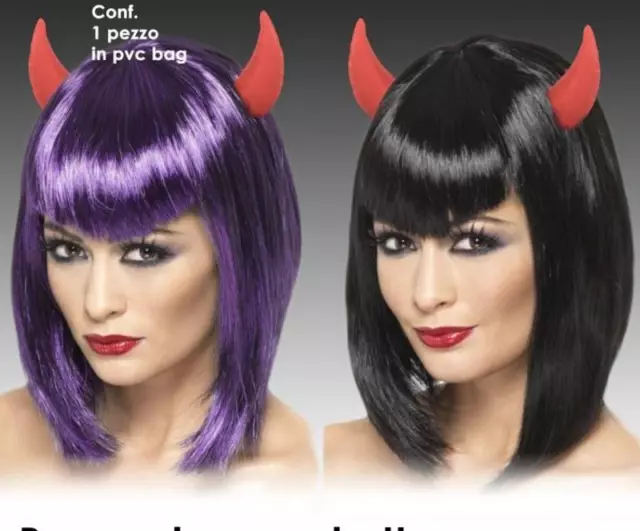 Parrucca caschetto con corna nero viola donna capelli lisci frangia halloween