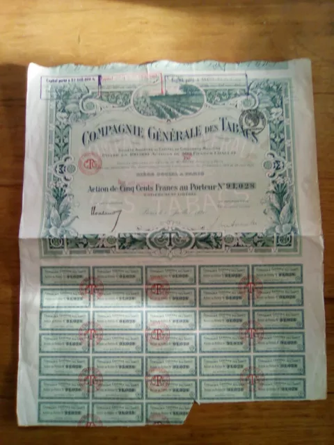 ACTION de 500Fr  (1920) Compagnie générale des tabacs