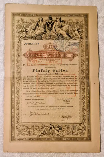 1868 Imperial Austrian Government 5% – 50 Gulden Funfzig