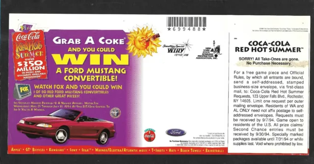 Vintage Coca-Cola Advertisement - 1994 Red Hot Summer, Ford Mustang - 15 x 7