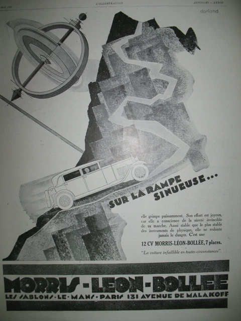 PUBLICITE DE PRESSE MORRIIS-LEON-BOLLéE AUTOMOBILE ILLUSTRATION DORLAND AD 1928