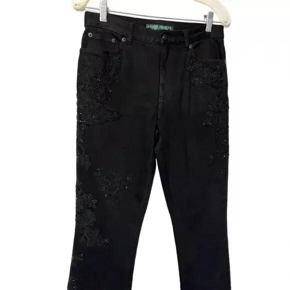 Lauren Ralph Lauren Black Embellished Beaded Jeans Size 4 Bootcut Flare Lace