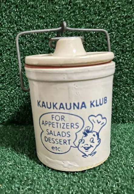 Vintage Kaukauna Klub Dairy 5” Gray Stone Cheese Crock Wire Bail Lid NICE