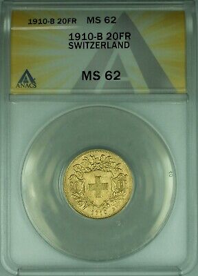 1910-B Switzerland 20 Francs Gold Coin ANACS MS-62