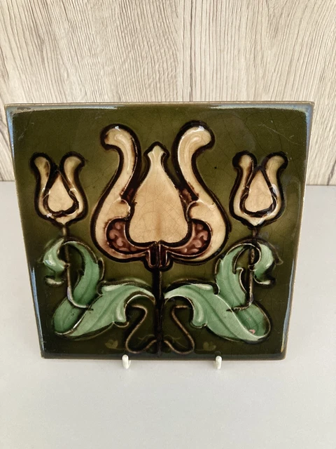 Antique Henry Richards c1904 Triple Tulip Floral 6" Art Nouveau Tile